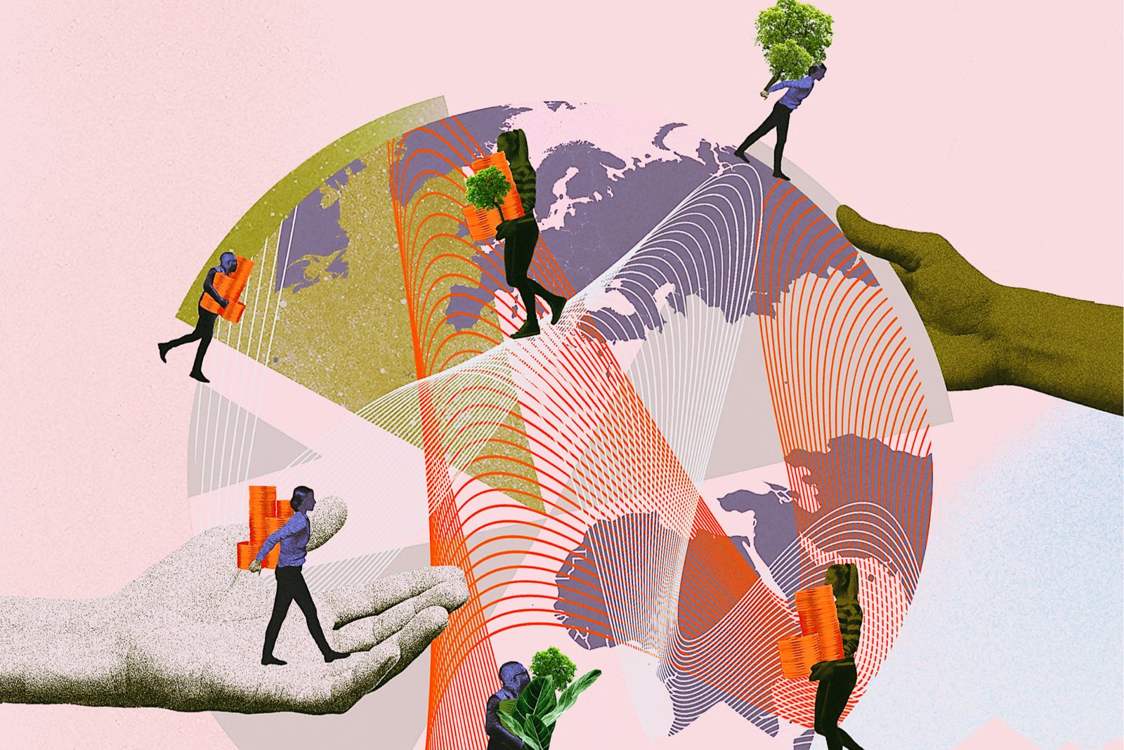 Collage of hands holding a globe, with people carrying coins and trees – cover illustration of the Global Justice Report